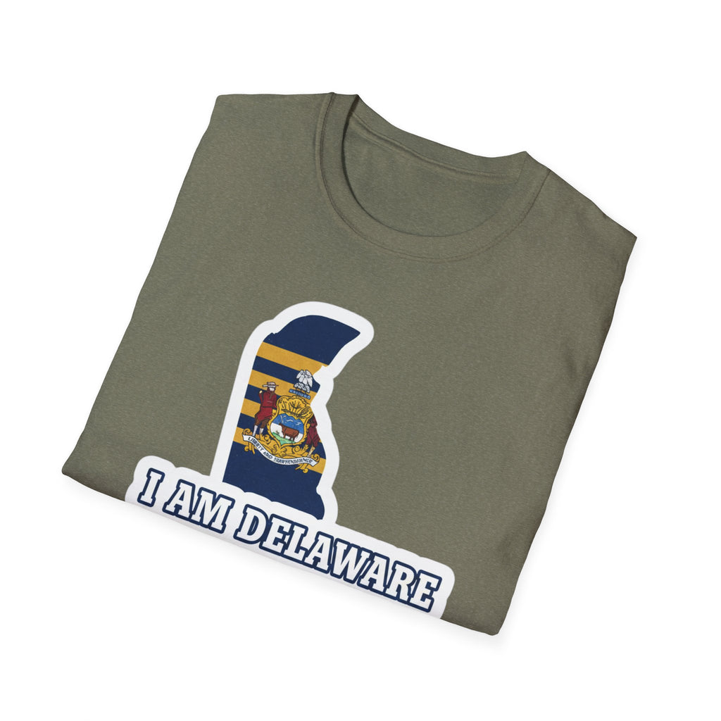 Heather Military Green I Am Delaware T-shirt with Delaware outline flag graphic and 'I AM DELAWARE' text