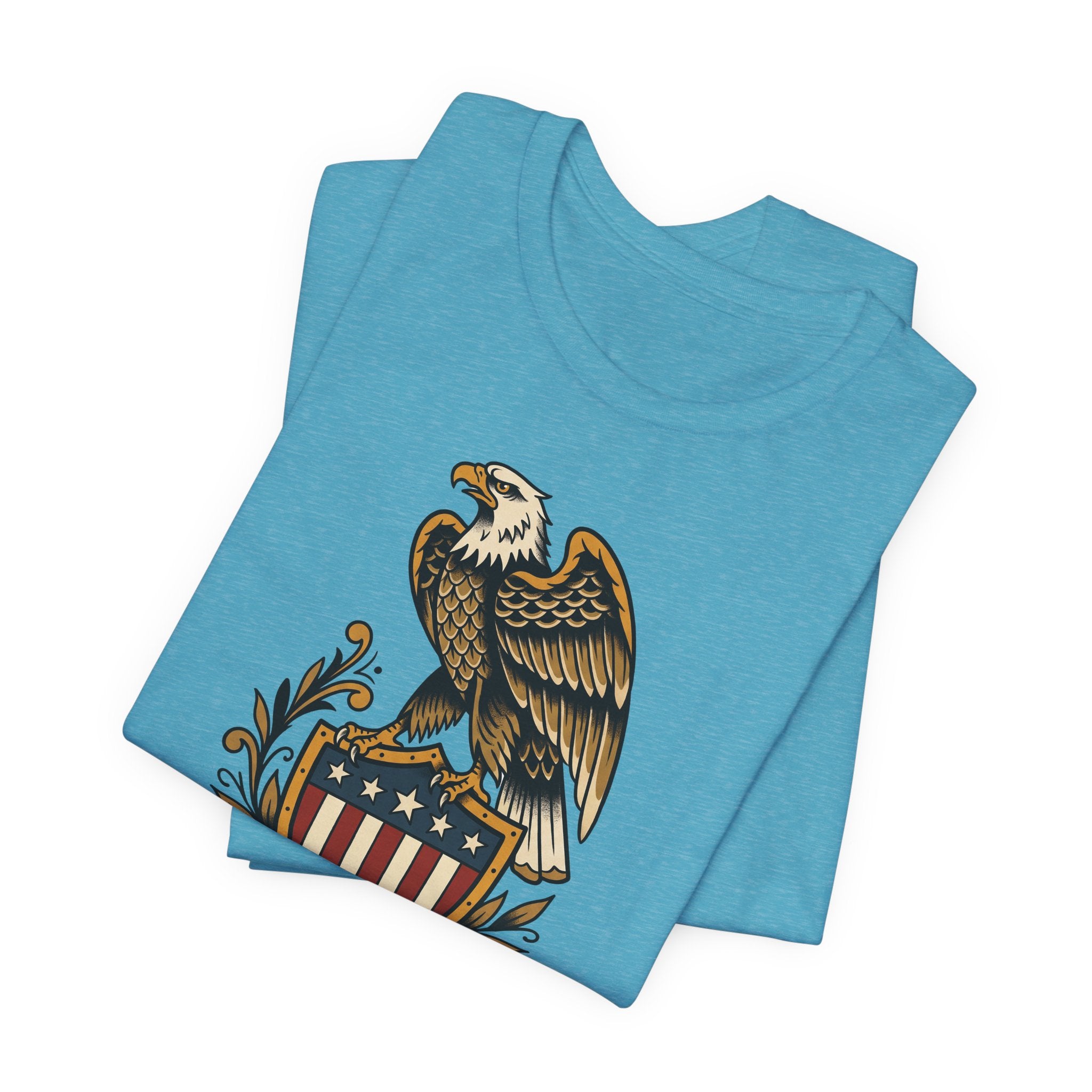 Turquoise T-shirt with eagle and shield patriotic graphic at center