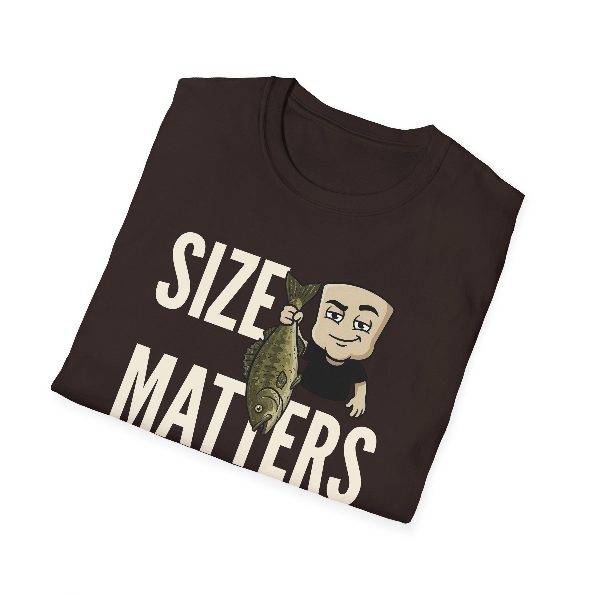 Dark brown T-shirt with “SIZE MATTERS” text and a cartoon fisherman holding a fish.