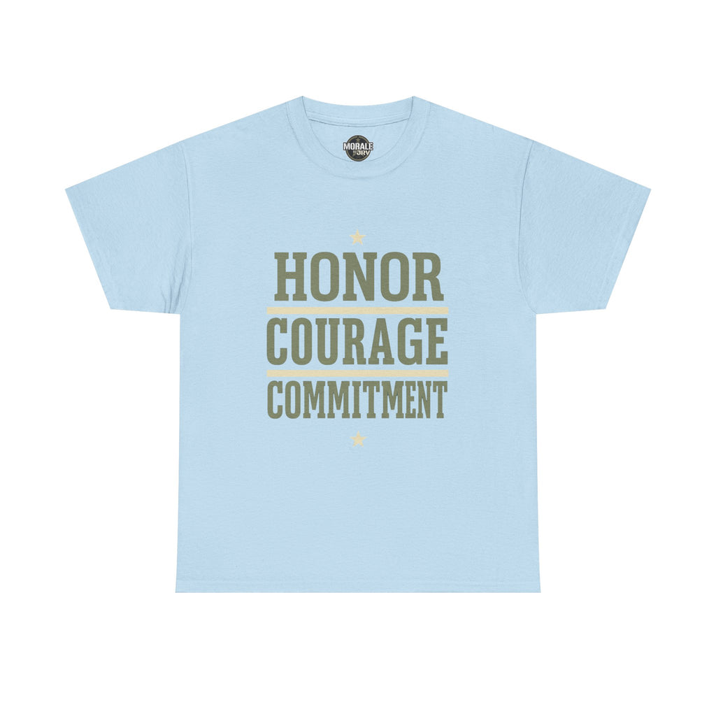 Light blue T-shirt with “HONOR COURAGE COMMITMENT” graphic and star accents