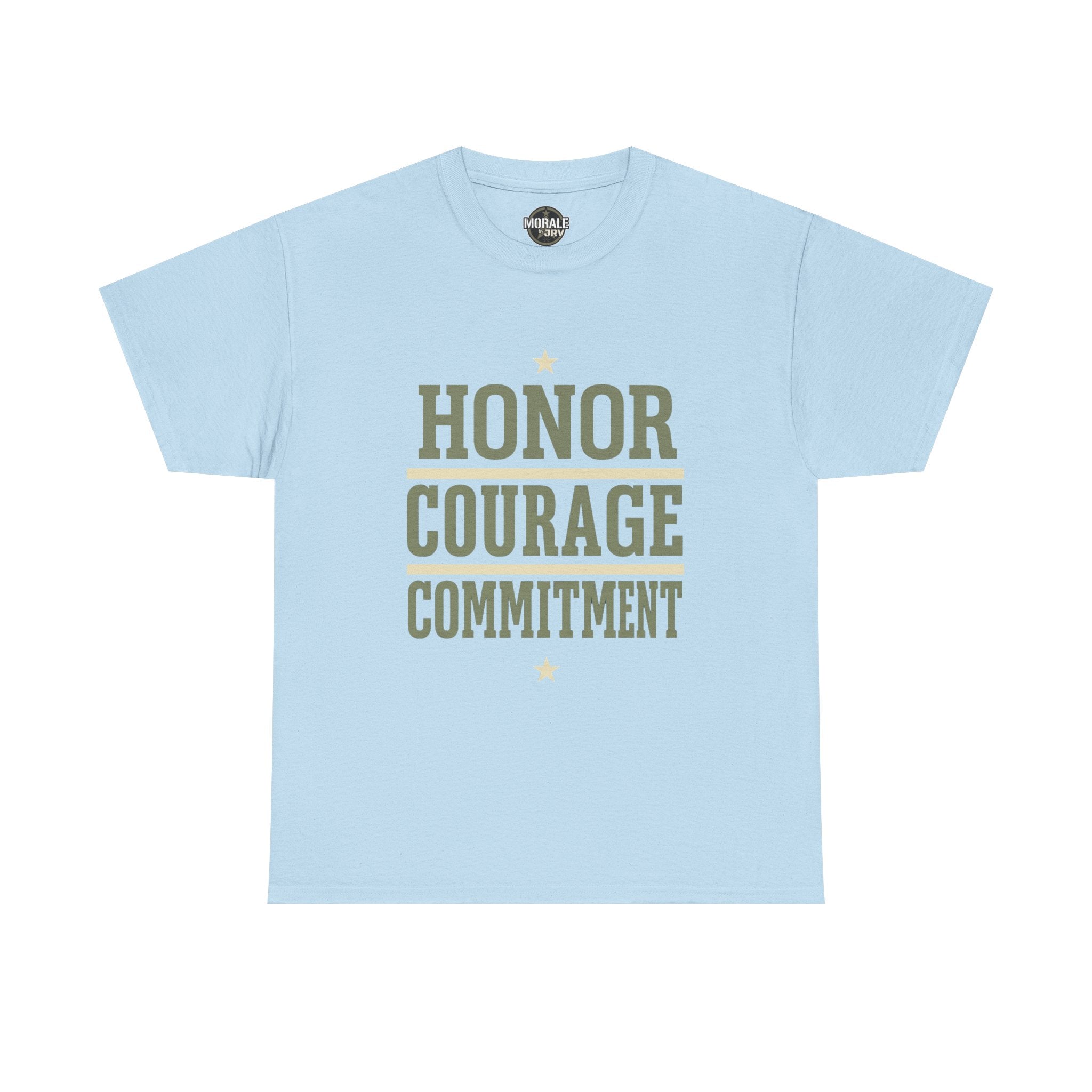 Light blue T-shirt with “HONOR COURAGE COMMITMENT” graphic and star accents