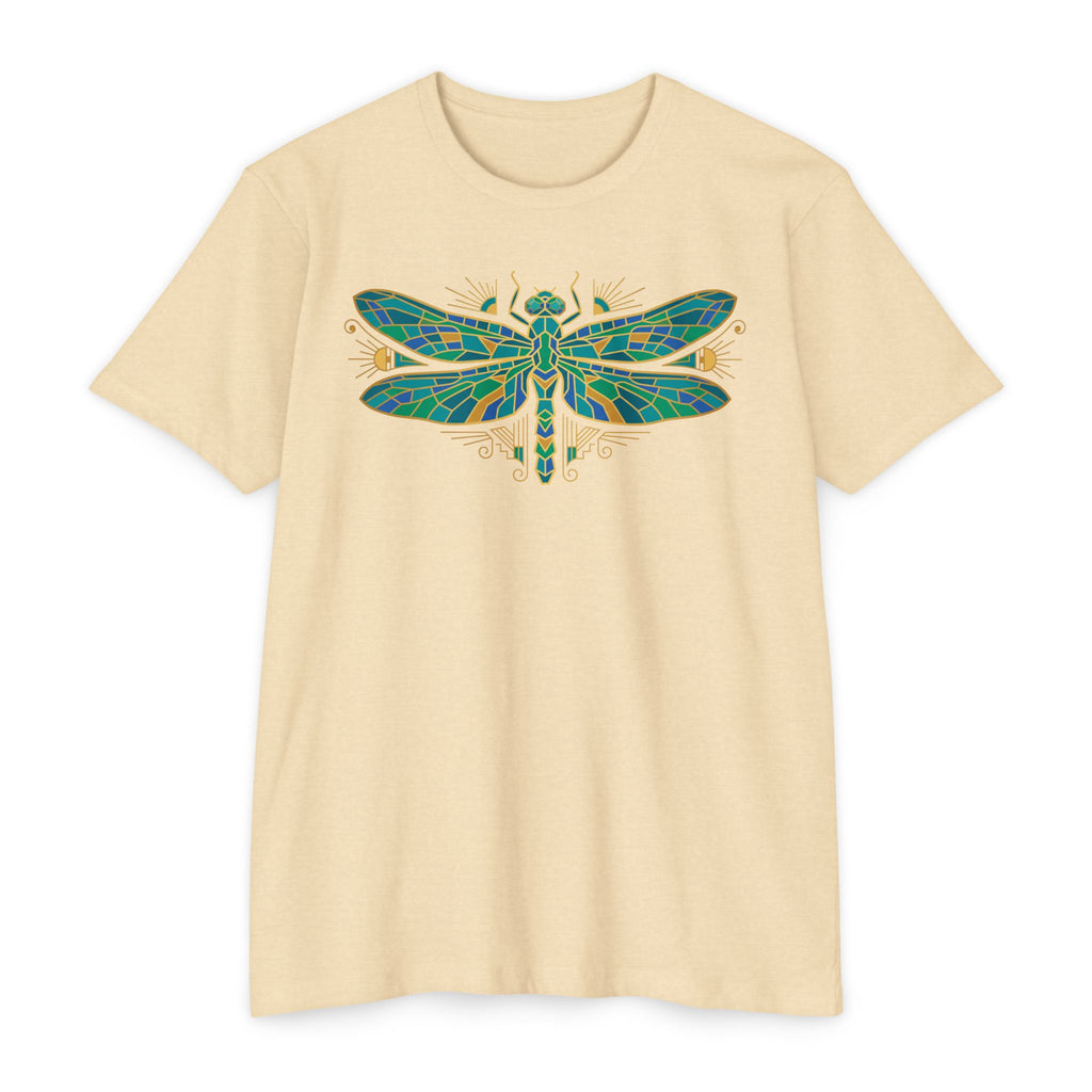 Cream t-shirt with colorful dragonfly mosaic graphic on the chest