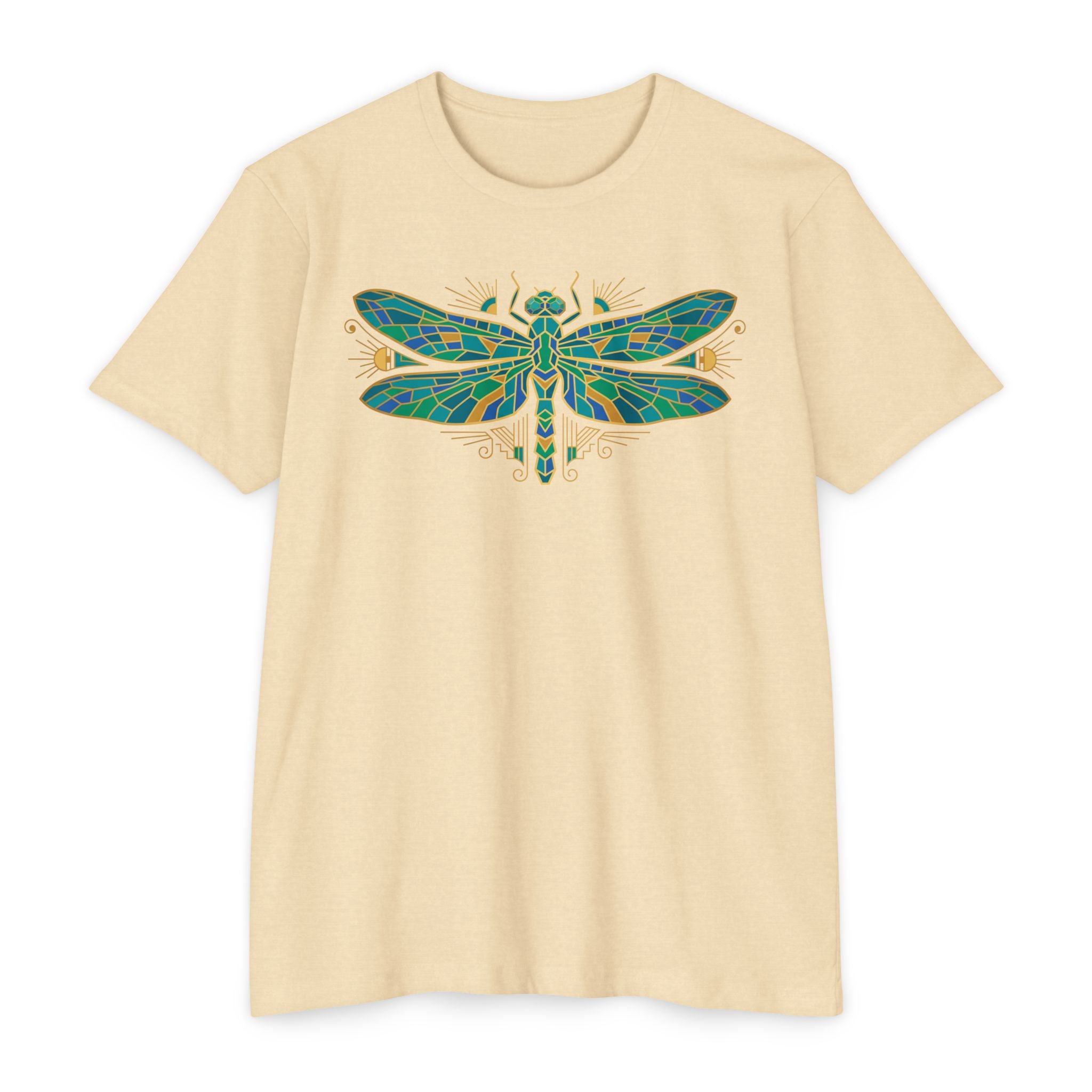 Cream t-shirt with colorful dragonfly mosaic graphic on the chest