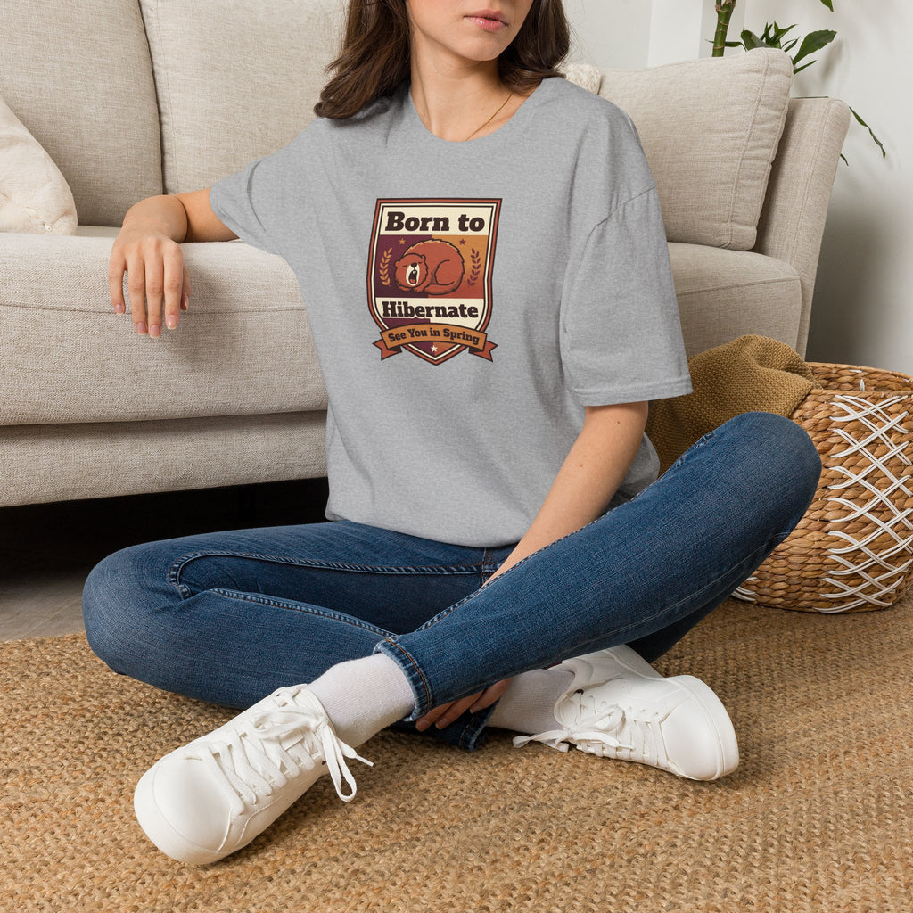 Light gray crewneck T-shirt with Born to Hibernate bear logo graphic