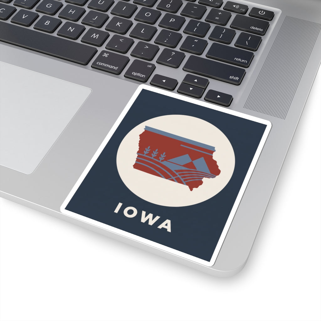 Square kiss-cut sticker featuring red Iowa map with blue accents and "IOWA" text