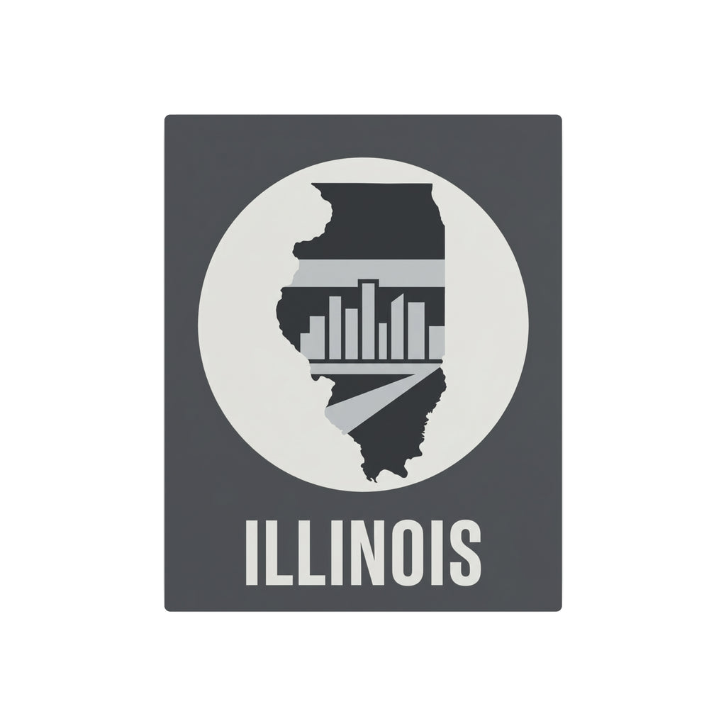 Illinois metal wall art square with circular badge, Illinois silhouette, skyline bars, “ILLINOIS”.