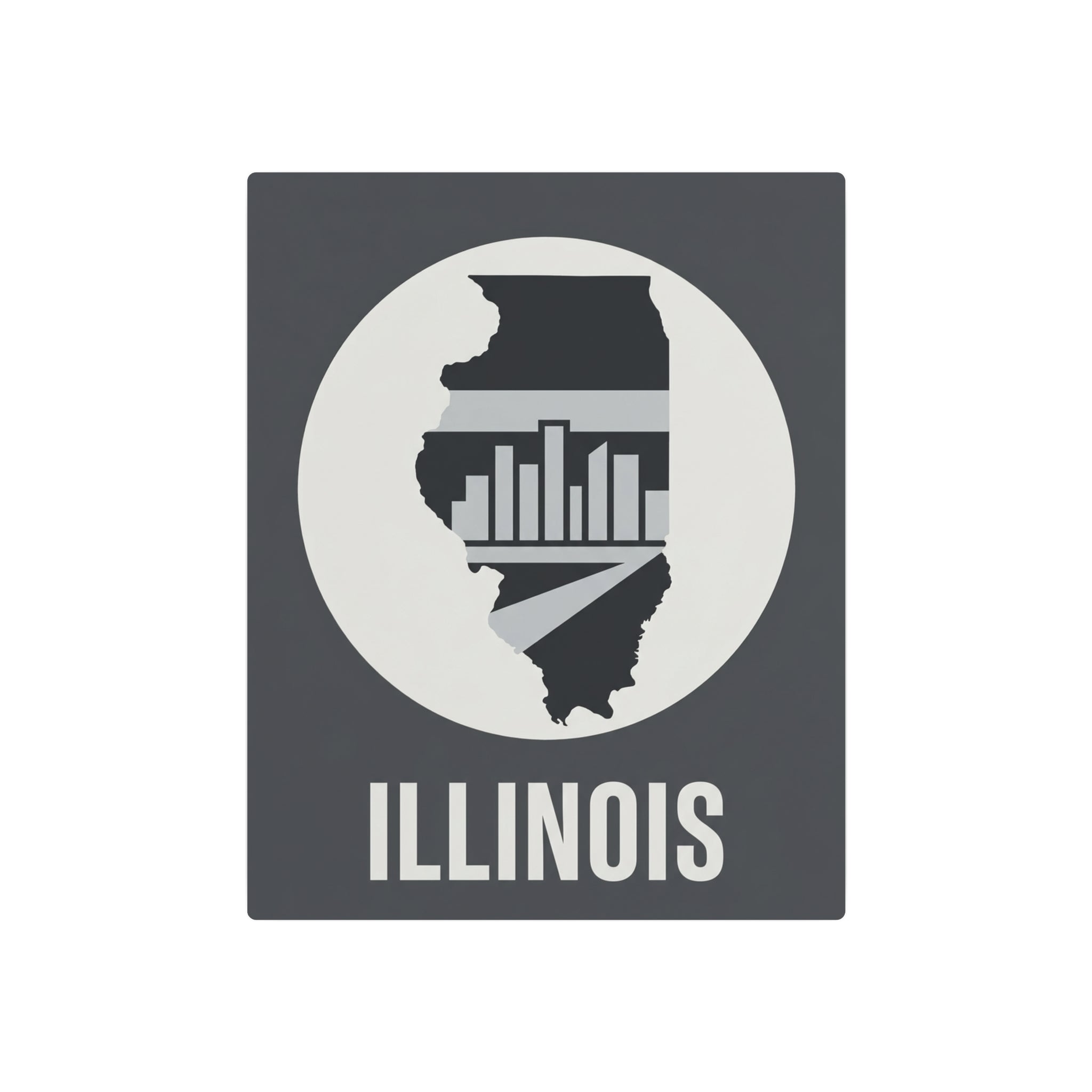 Illinois metal wall art square with circular badge, Illinois silhouette, skyline bars, “ILLINOIS”.