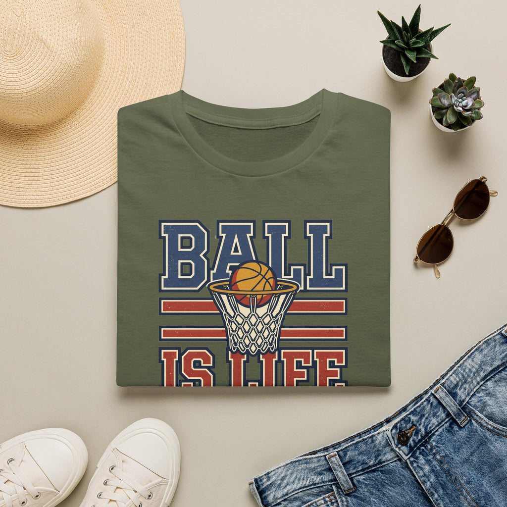 Olive green basketball T-shirt with retro hoop 'Ball Is Life' graphic