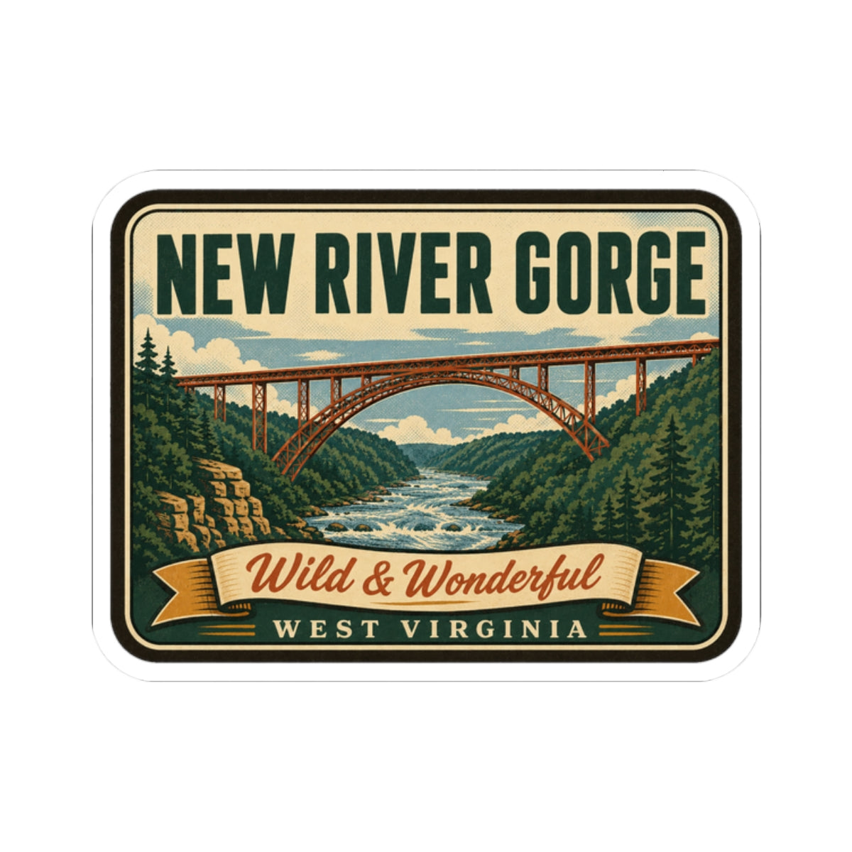 Rounded travel sticker featuring New River Gorge bridge over river with Wild & Wonderful West Virginia