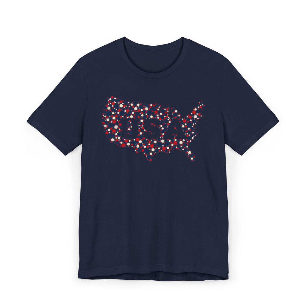 Navy T-shirt with colorful USA outline graphic