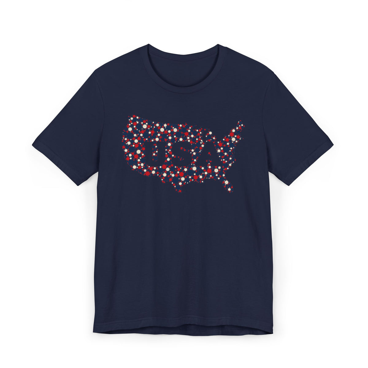 Navy T-shirt with colorful USA outline graphic