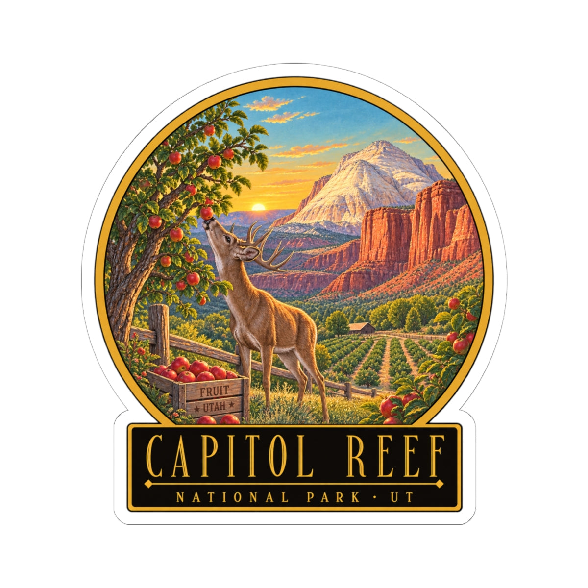 Round deer landscape sticker featuring a standing deer, fruit tree, and "CAPITOL REEF" banner