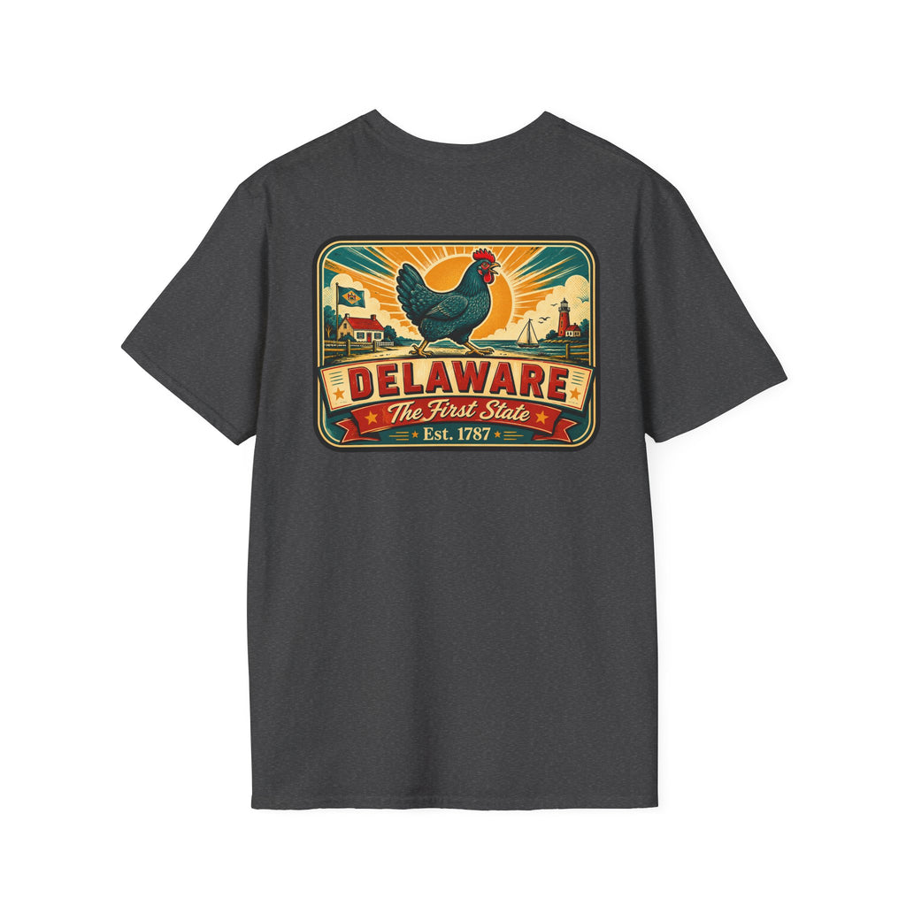 Dark gray Delaware travel badge T-shirt with colorful hen and “Delaware” front graphic