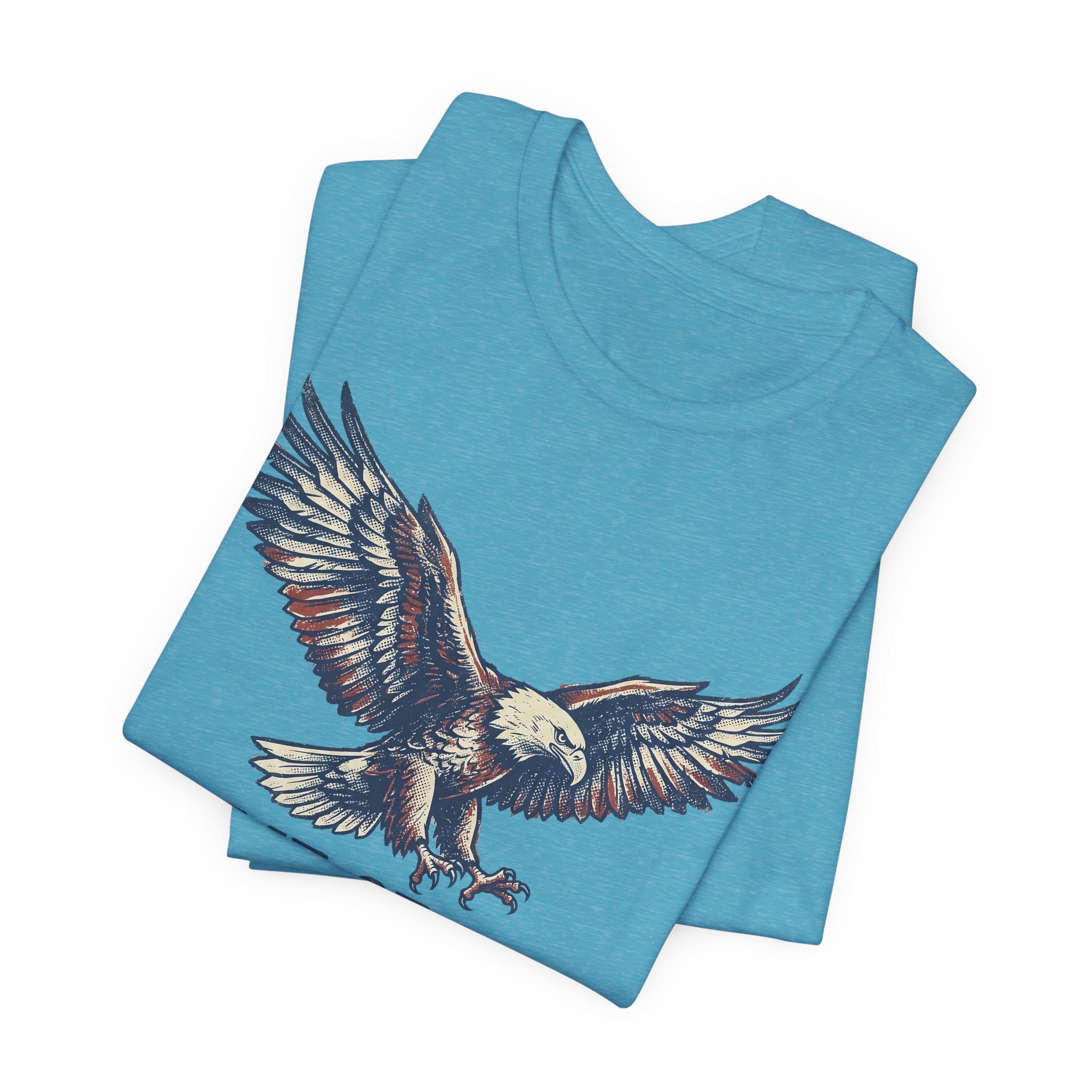 Turquoise crew-neck T-shirt with flying bald eagle graphic on front.