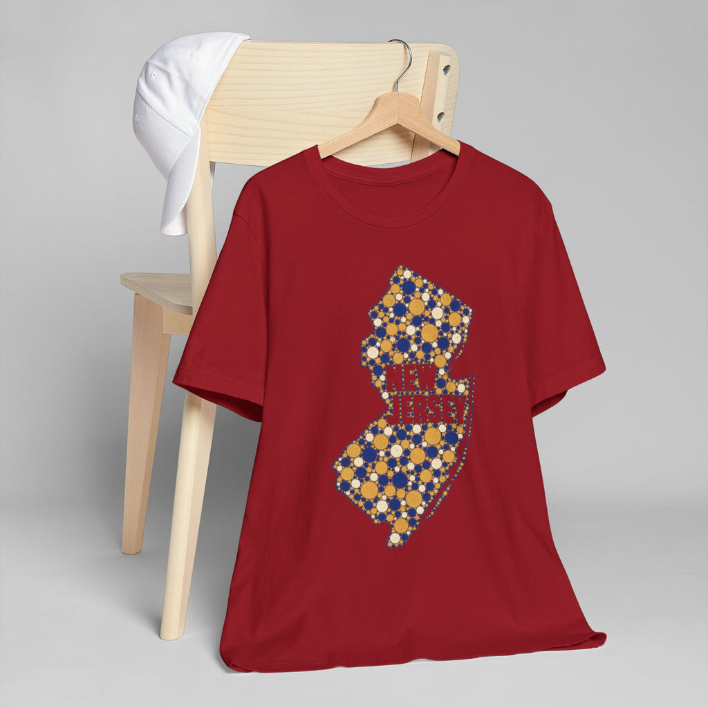 Maroon crew-neck t-shirt with colorful New Jersey floral map graphic