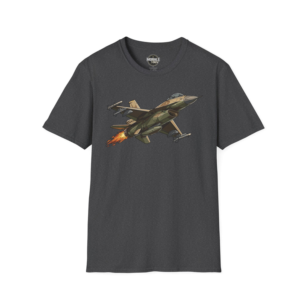 Dark Heather fighter jet illustration T-shirt with colorful jet graphic on front