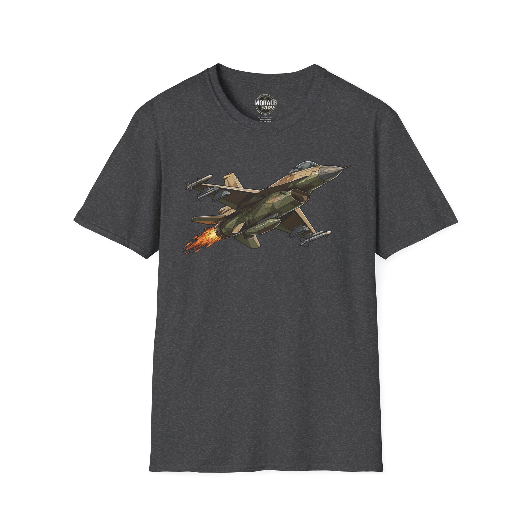 Dark Heather fighter jet illustration T-shirt with colorful jet graphic on front