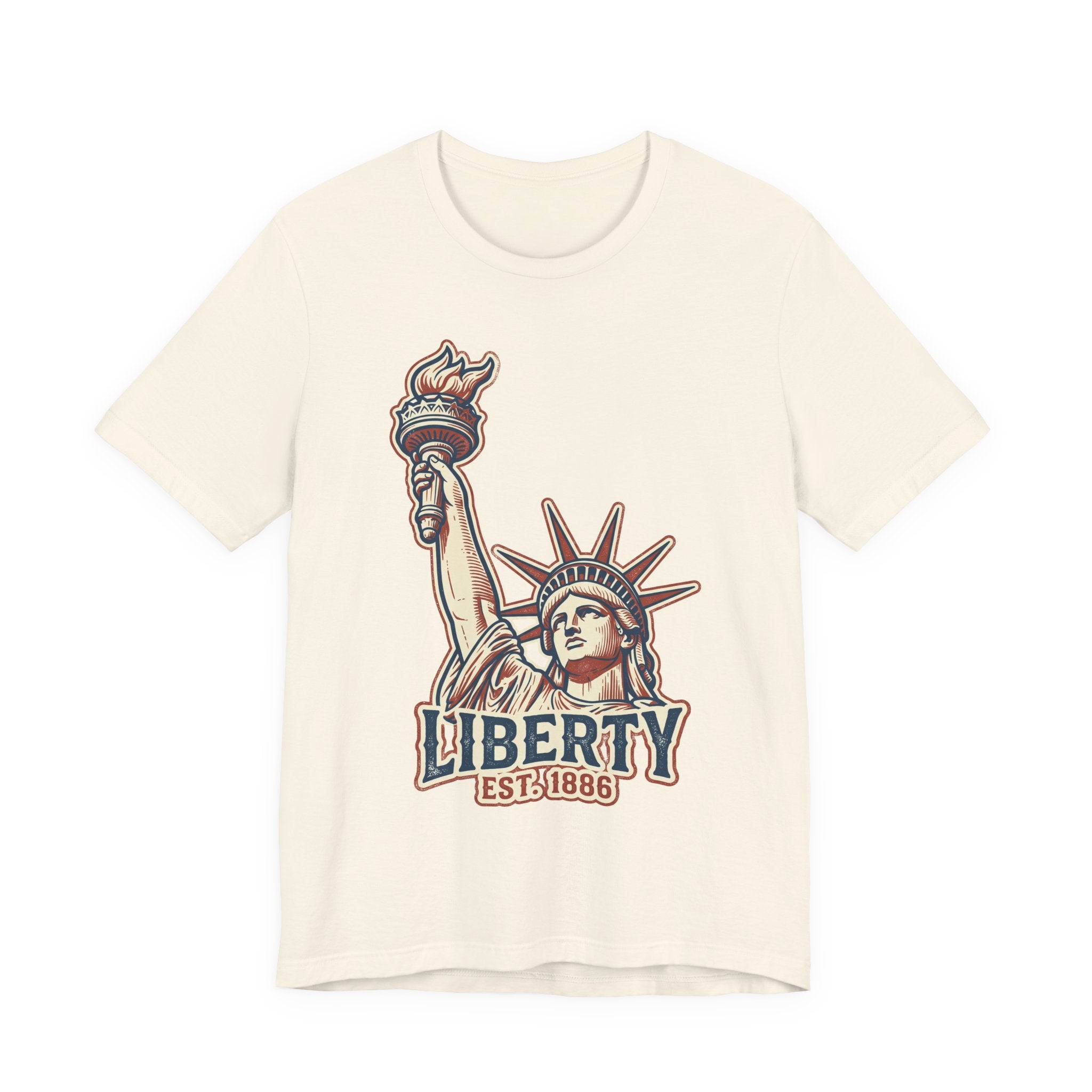 Natural/off-white crewneck graphic T-shirt with Statue of Liberty and “LIBERTY EST. 1886”