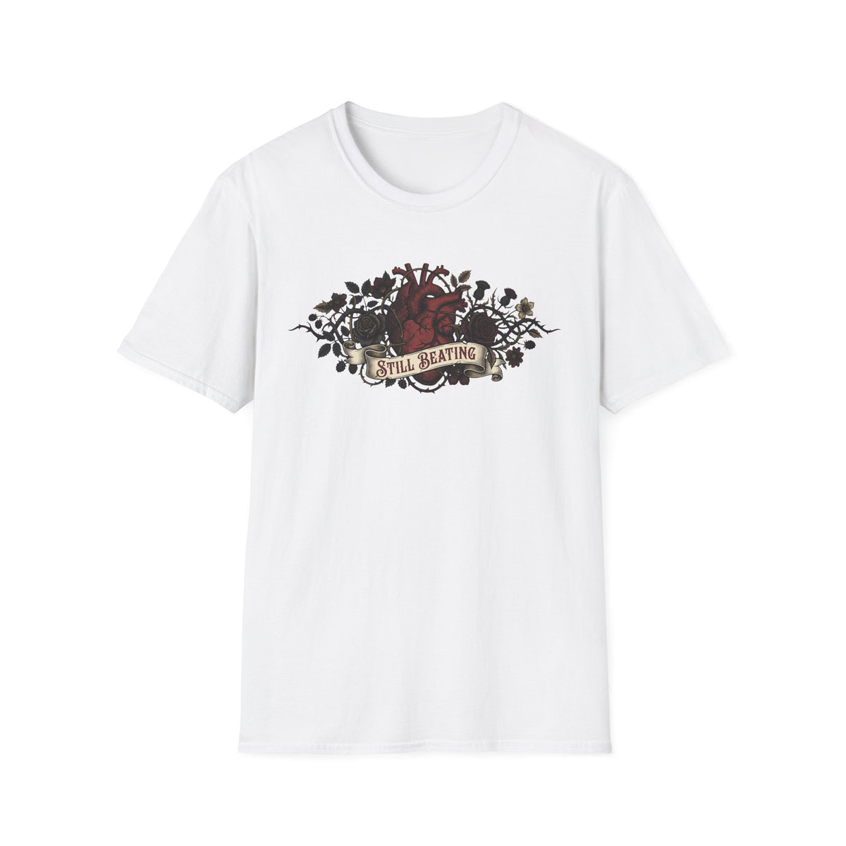 White T-shirt featuring a gothic floral anatomical heart graphic with “Still Beating”