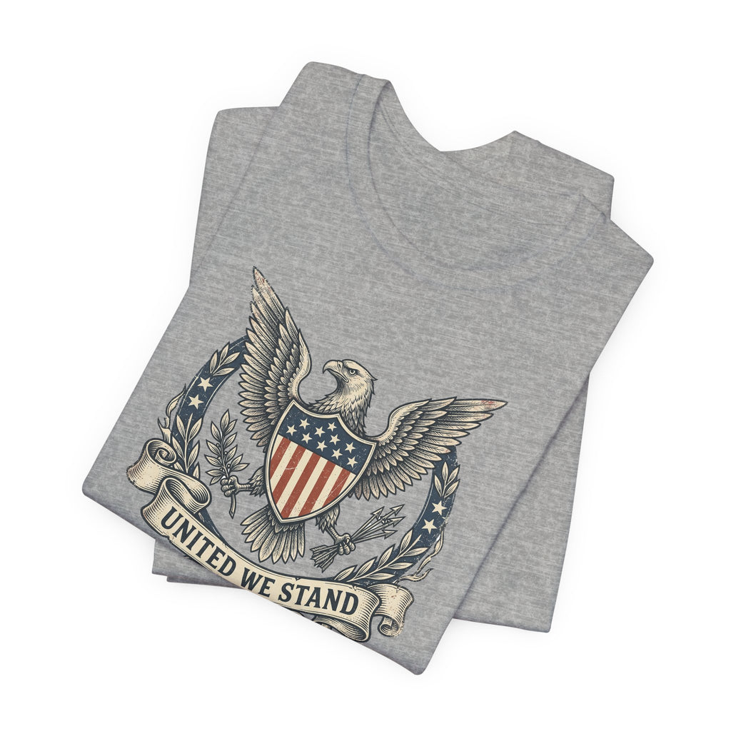 Heather gray crewneck T-shirt with United We Stand shield-and-eagle graphic