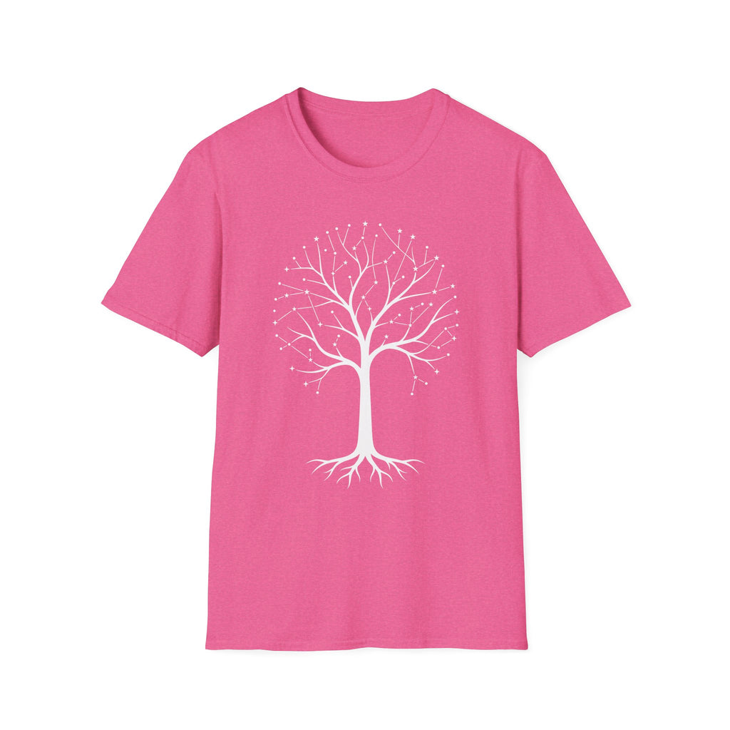 Camiseta rosa con árbol de la vida en constelación y raíces botánicas blancas