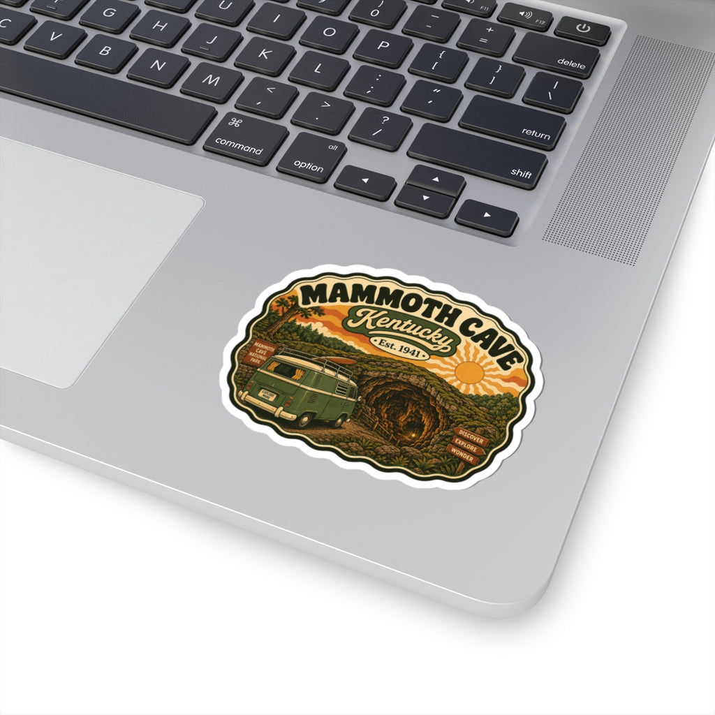 Mammoth Cave Kentucky sticker with white border showing green camper van and cave artwork
