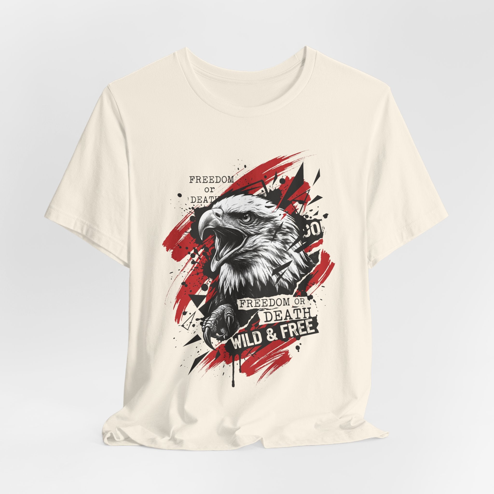 Cream crewneck t-shirt with centered eagle graphic and red splashes
