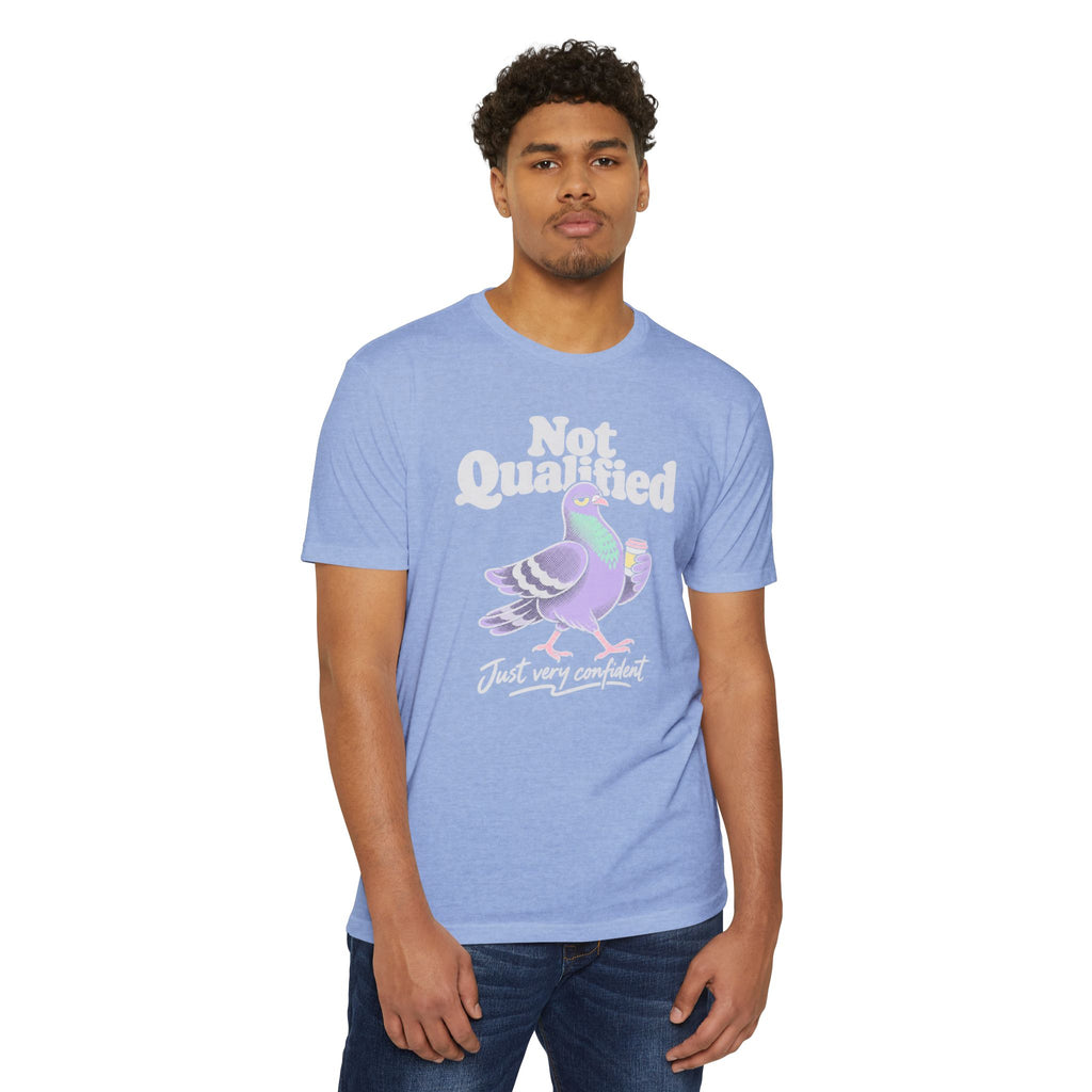 Light blue crewneck T-shirt with "Not Qualified" pigeon graphic on chest