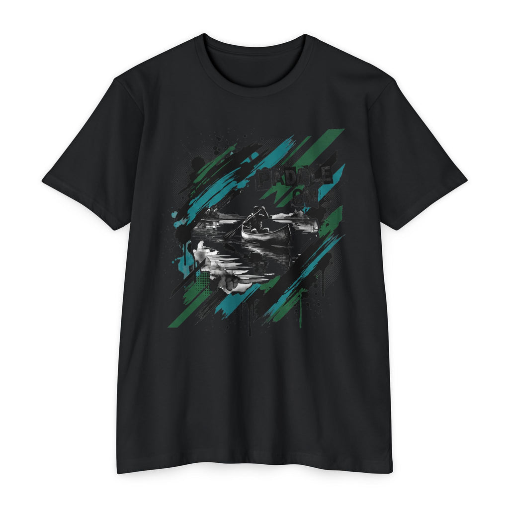 Black short-sleeve T-shirt with “PADDLE ON” kayak graphic on the front