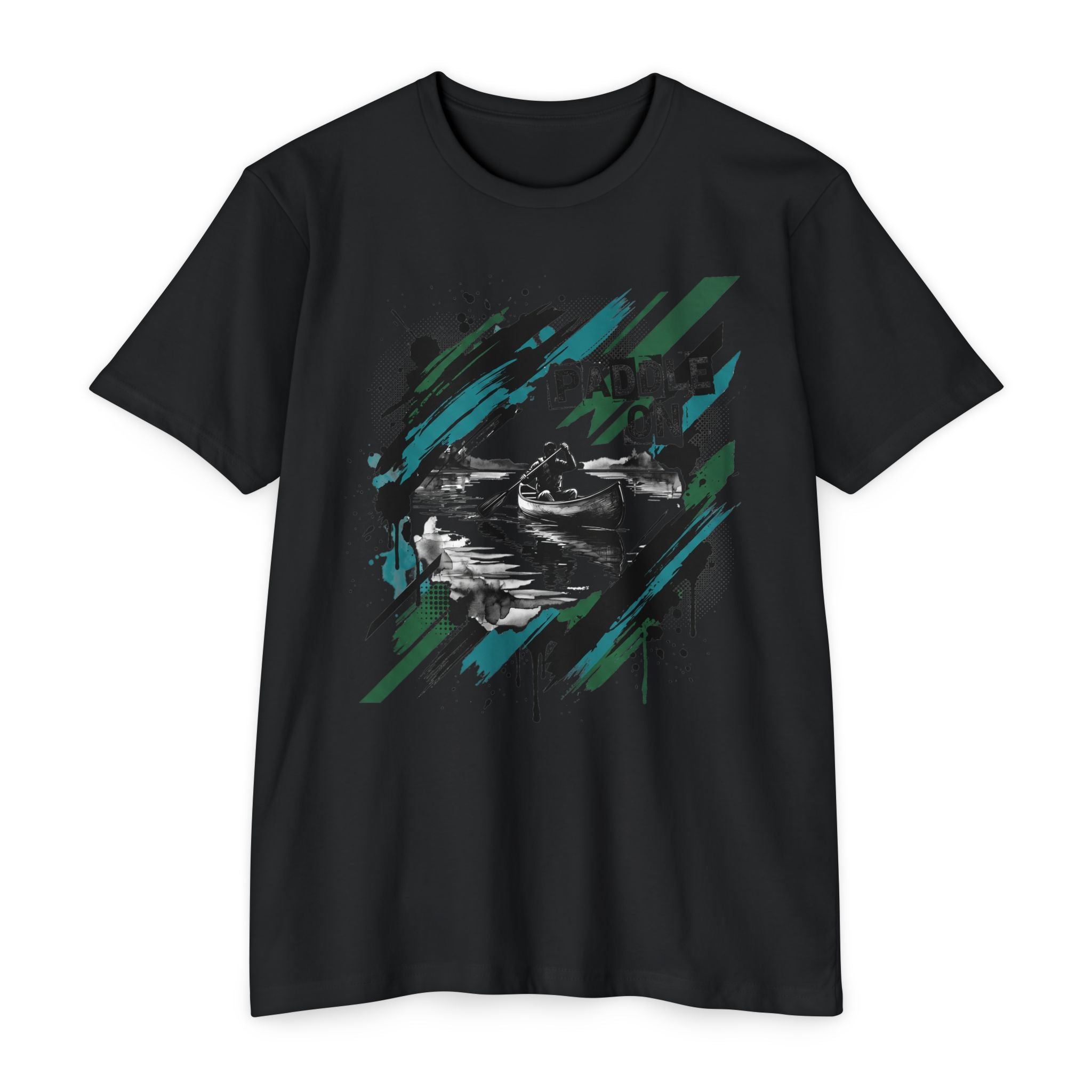 Black short-sleeve T-shirt with “PADDLE ON” kayak graphic on the front