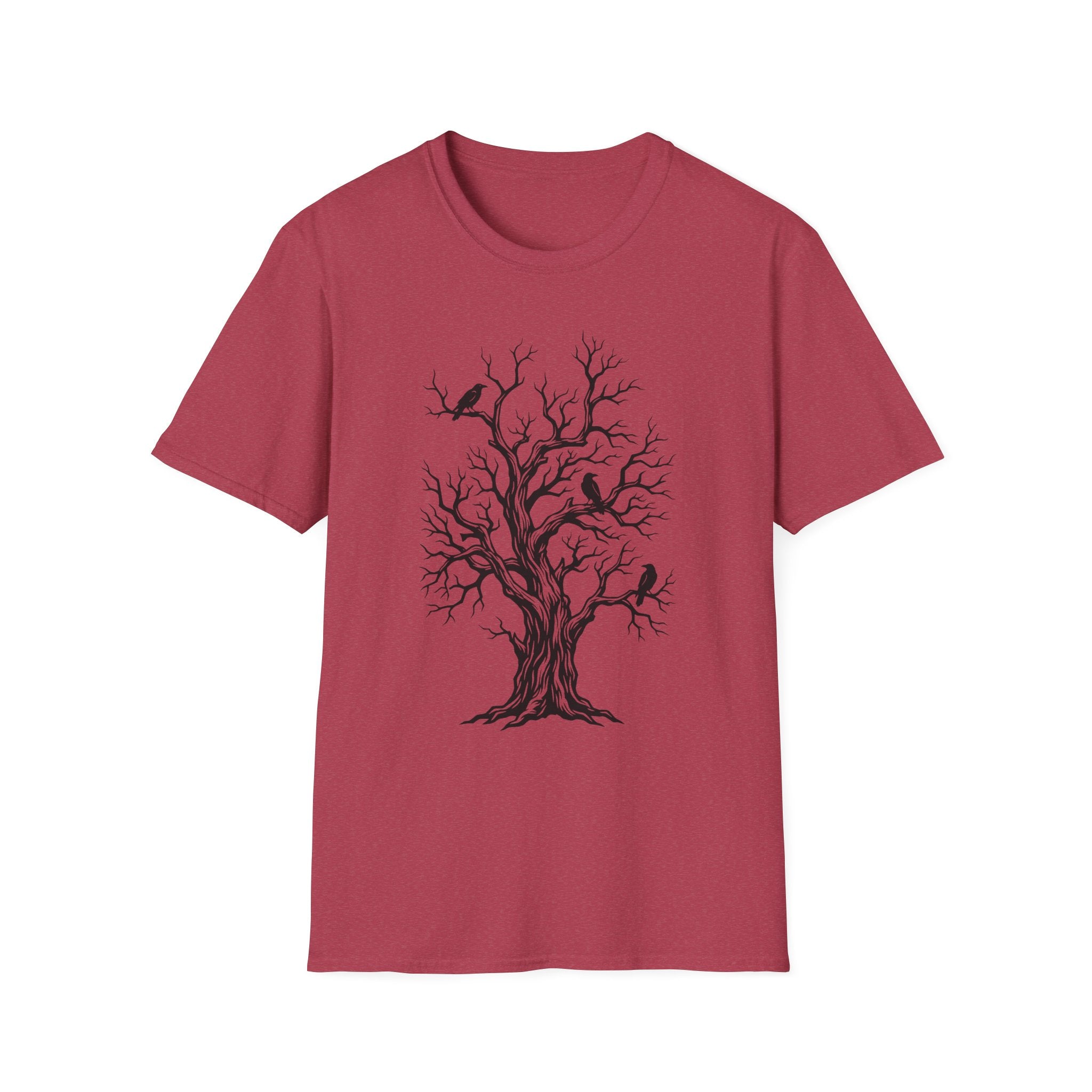 Burgundy T-shirt with bare tree and black crow graphic print