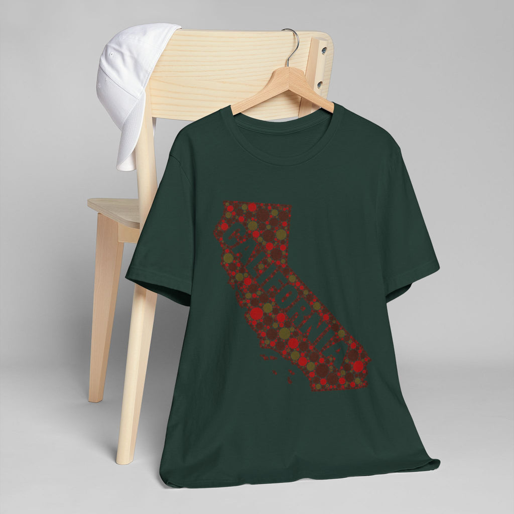Crewneck t-shirt in dark green with red-and-green floral California map graphic