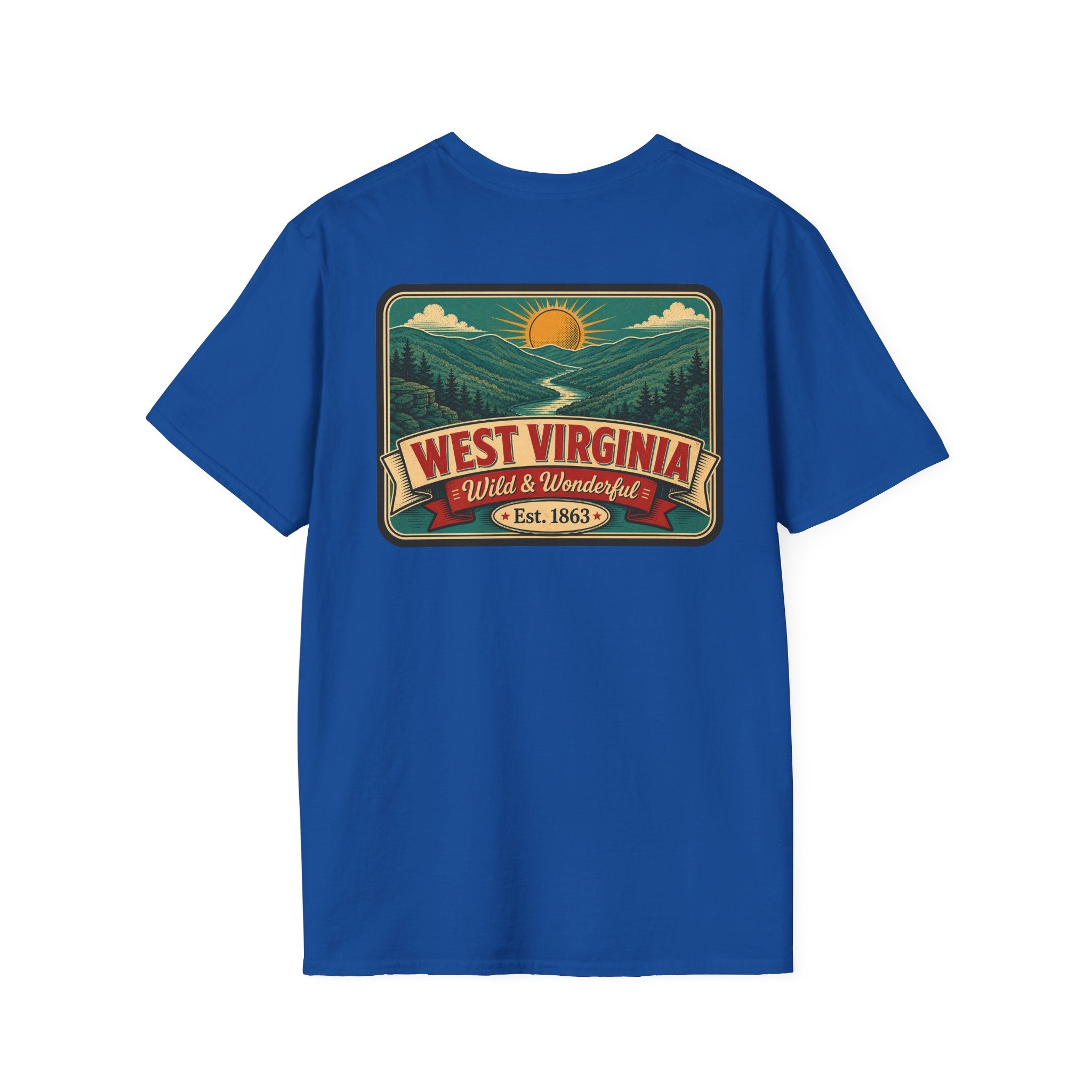 Royal blue West Virginia “Wild & Wonderful” graphic t-shirt, Est. 1863 badge.