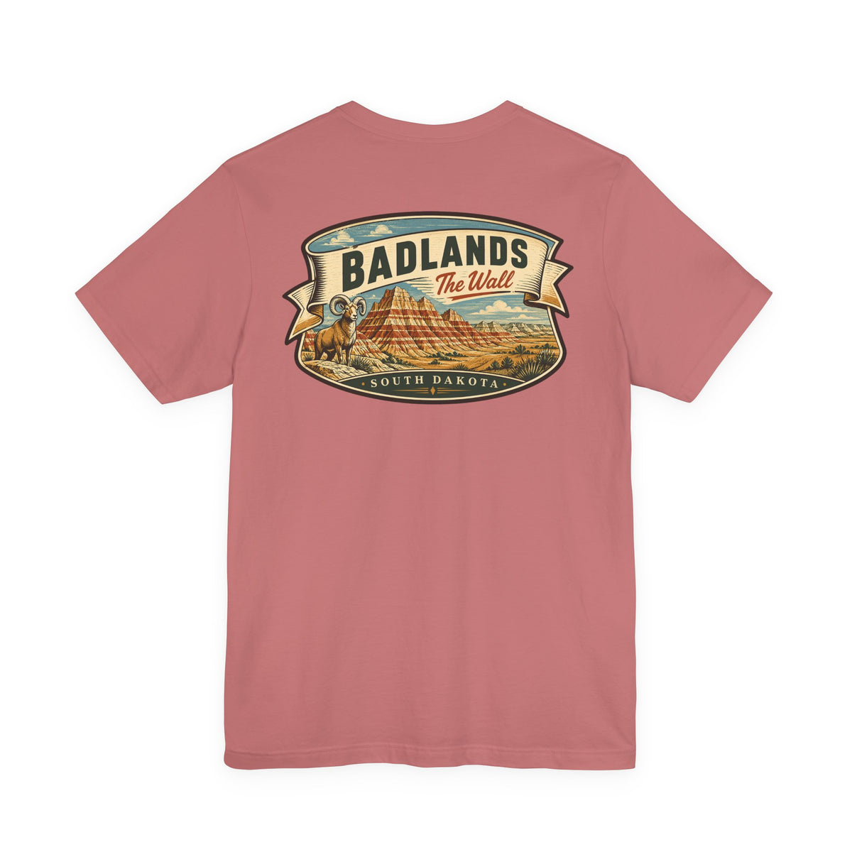 Rose graphic t-shirt with centered Badlands ribbon landscape logo