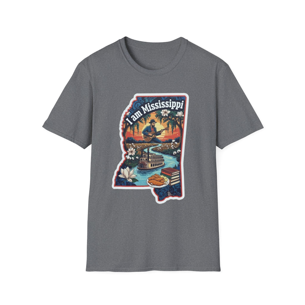 Heather Grey T-shirt featuring Mississippi state silhouette graphic with riverboat and magnolia