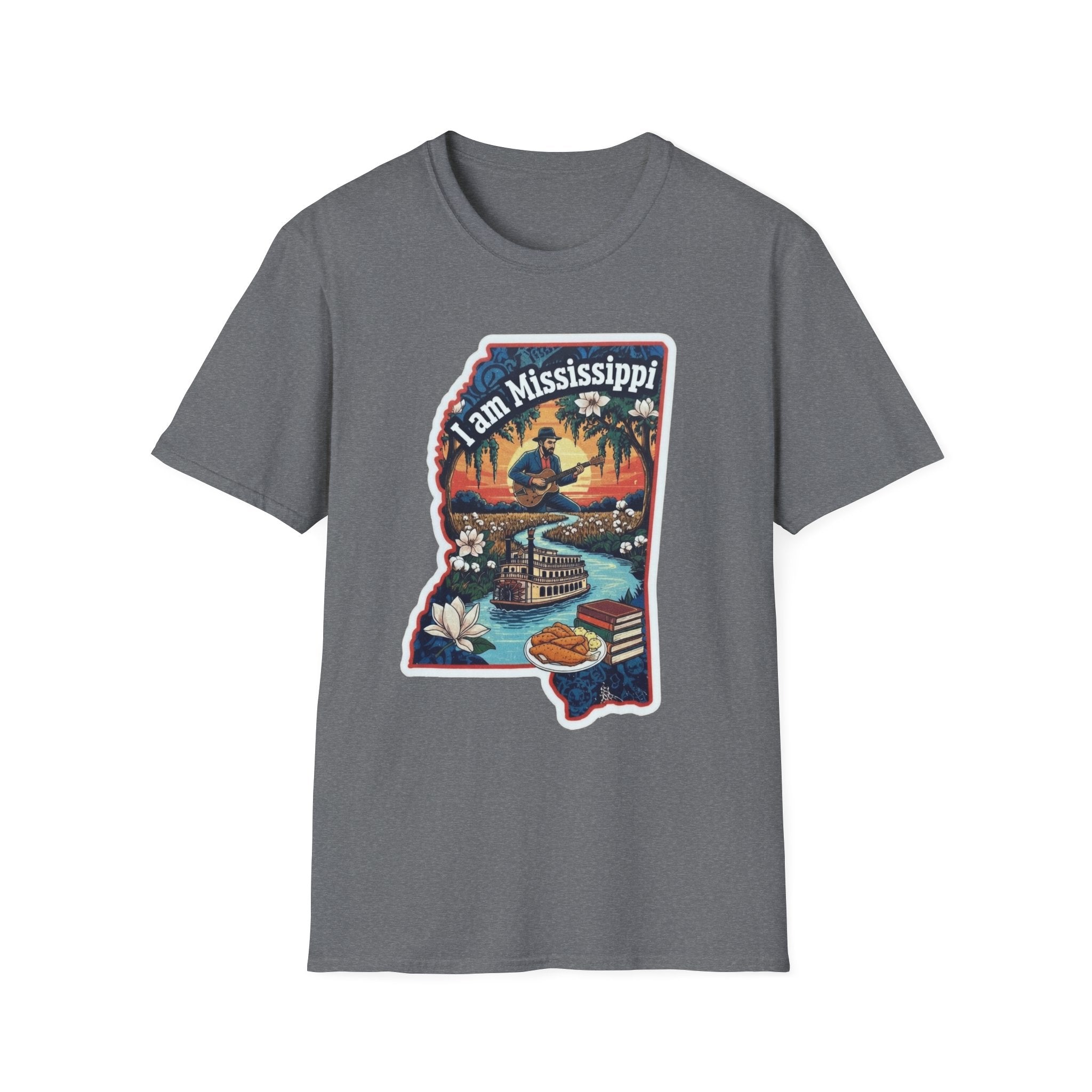 Heather Grey T-shirt featuring Mississippi state silhouette graphic with riverboat and magnolia