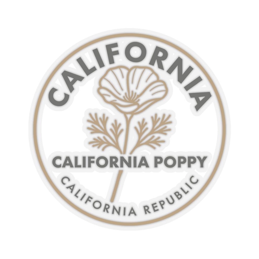California poppy circular vinyl sticker with beige flower illustration and border text