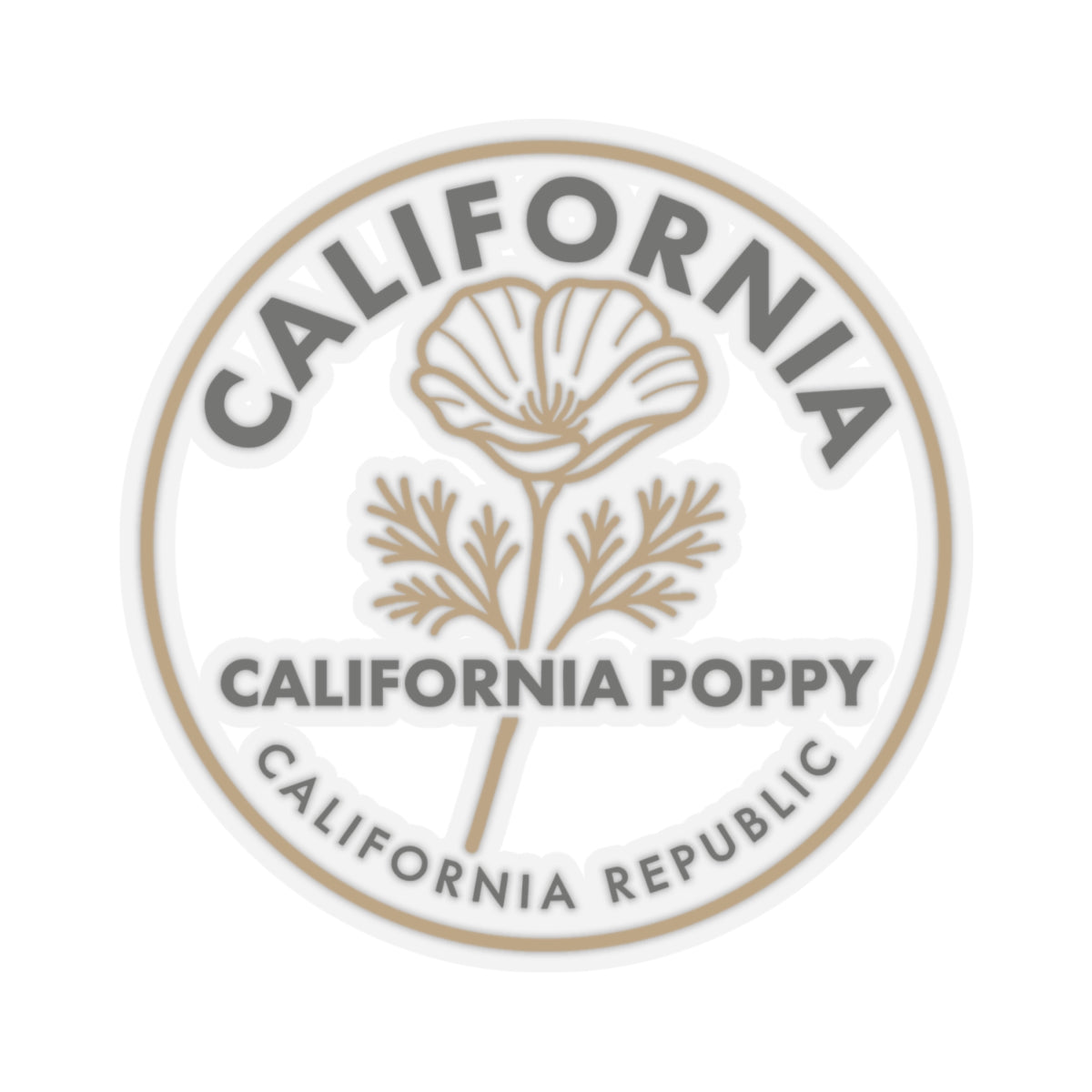 California poppy circular vinyl sticker with beige flower illustration and border text