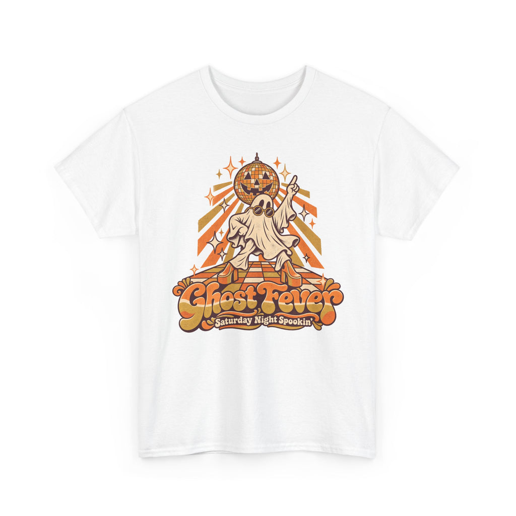 White Halloween graphic t-shirt with dancing ghost, disco ball, and jack-o-lantern art
