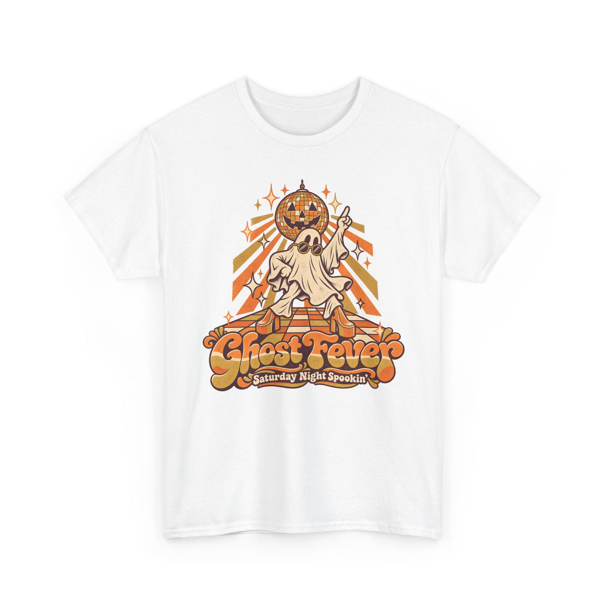 White Halloween graphic t-shirt with dancing ghost, disco ball, and jack-o-lantern art