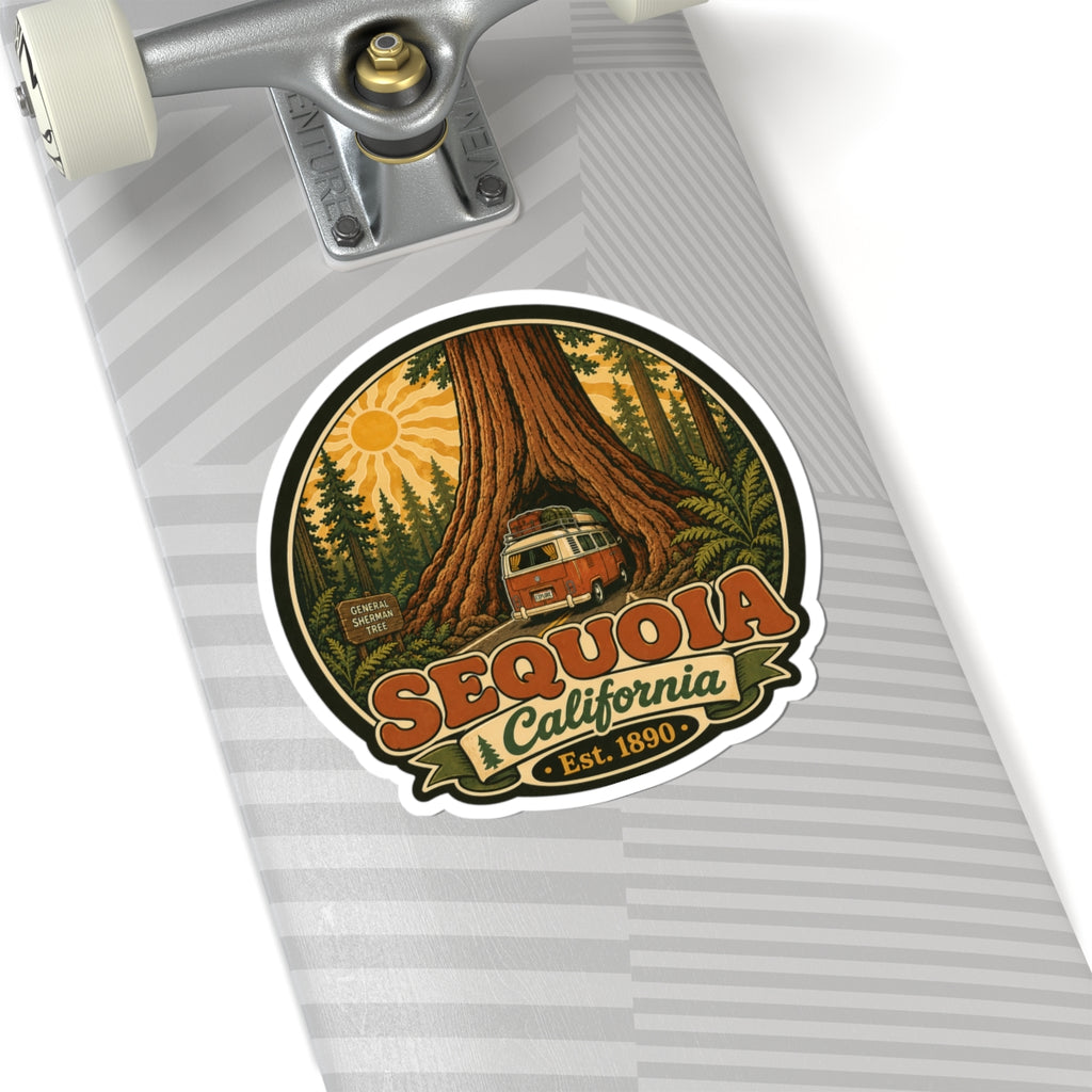 Round sticker with white border showing sequoia tree, camper van, and Sequoia California.