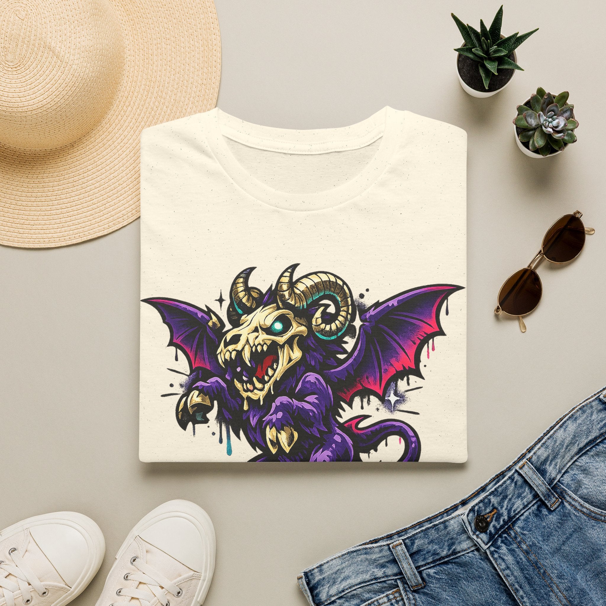 White gothic monster T-shirt with purple bat-skull ram creature graphic