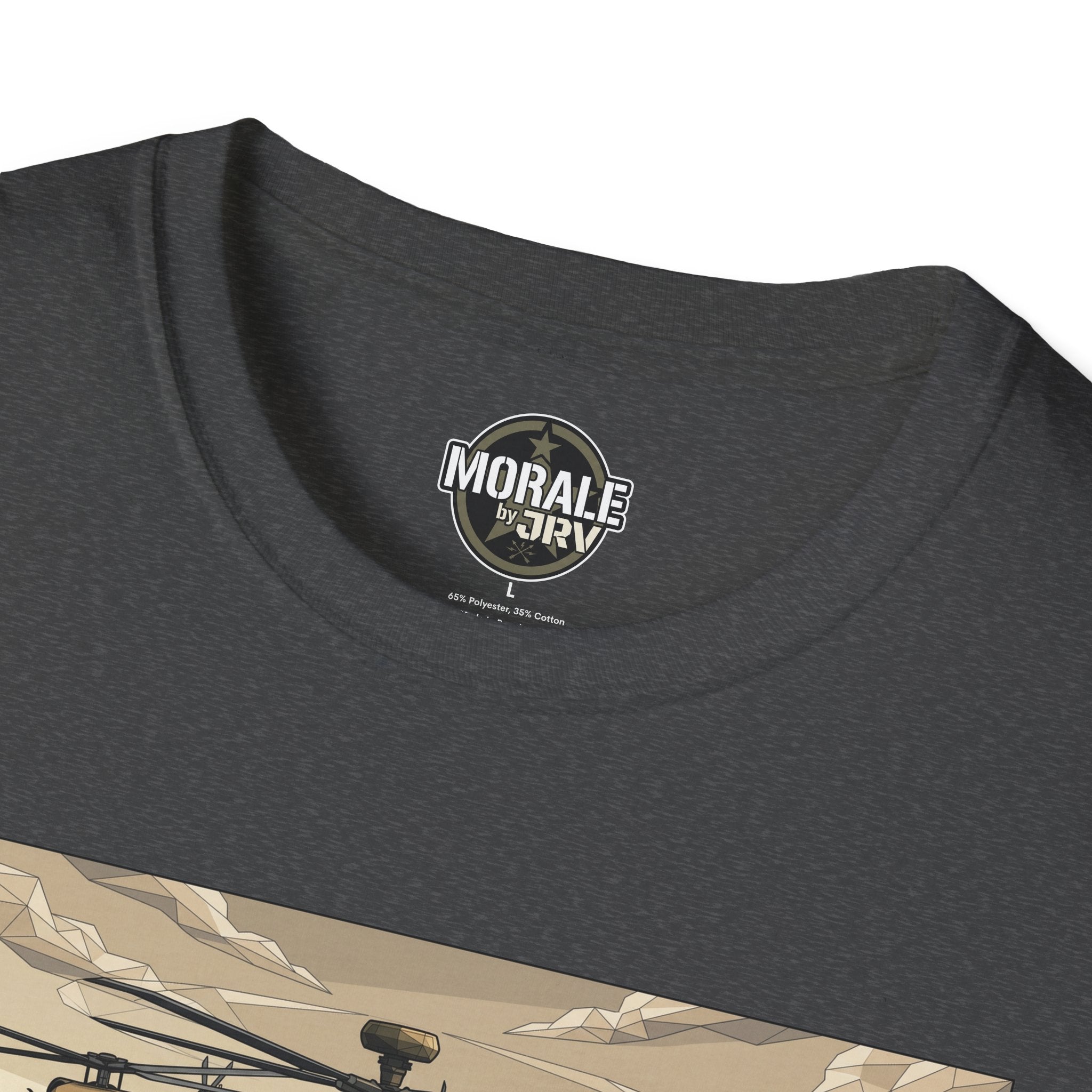 Dark Heather tee neckline logo over helicopter landscape graphic