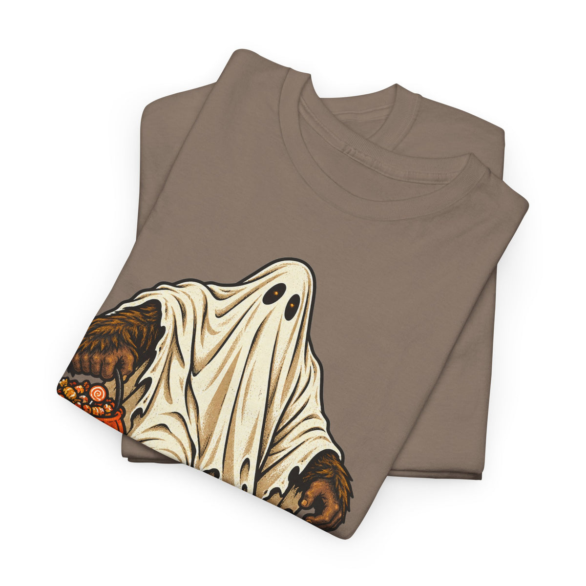 Brown Halloween graphic T-shirt with retro pumpkin candy print.