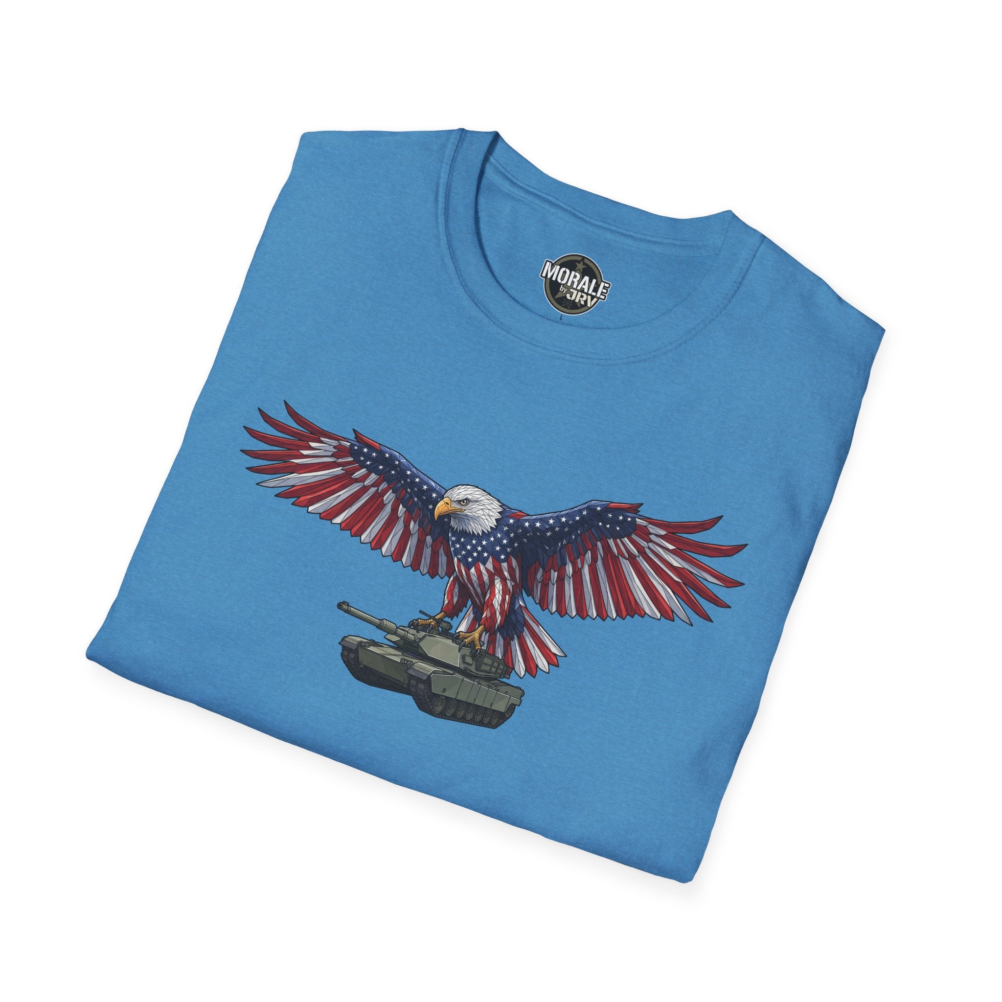Blue T-shirt with bald eagle graphic and M1 Abrams tank, full wings spread