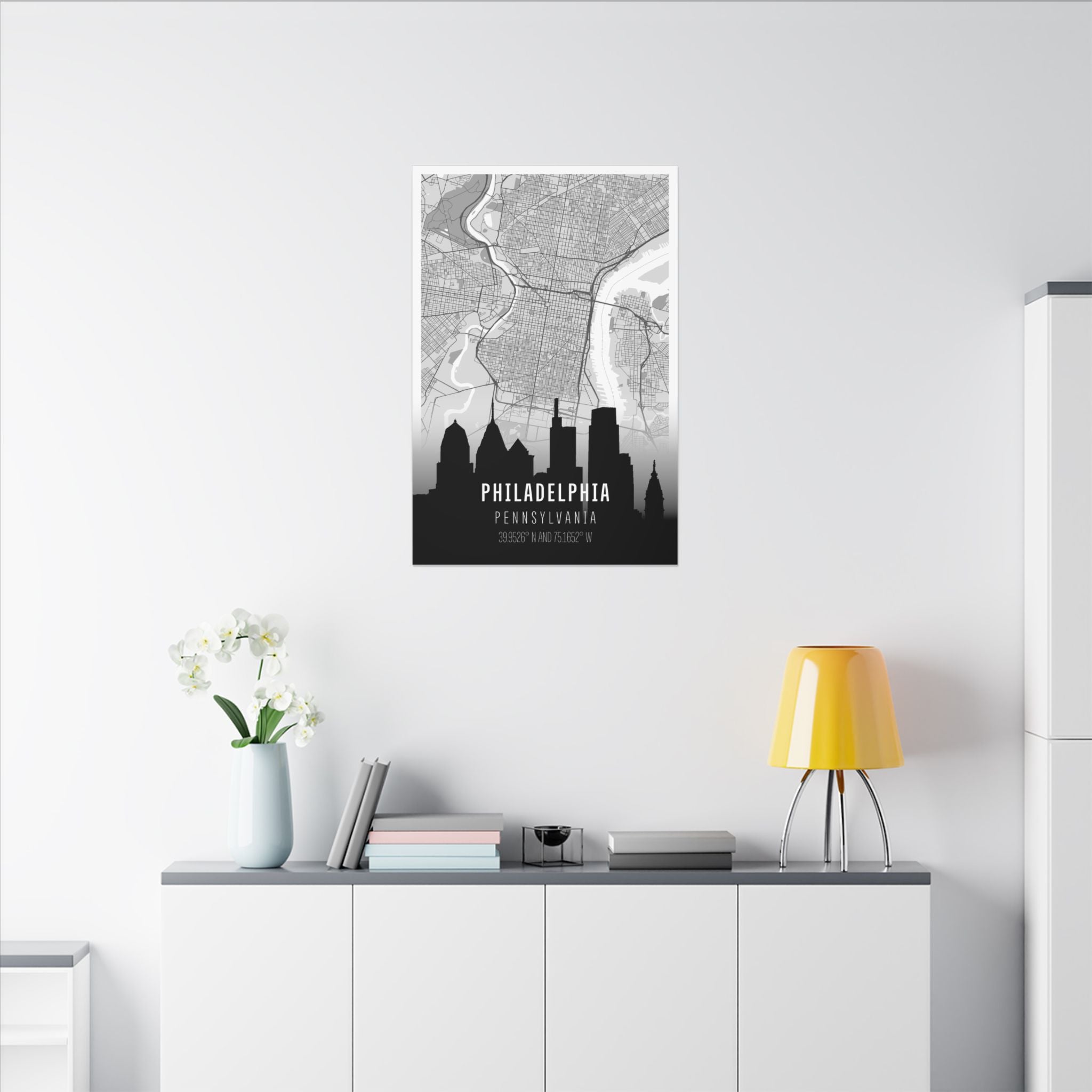 Philadelphia skyline map canvas on wall featuring black skyline and coordinates