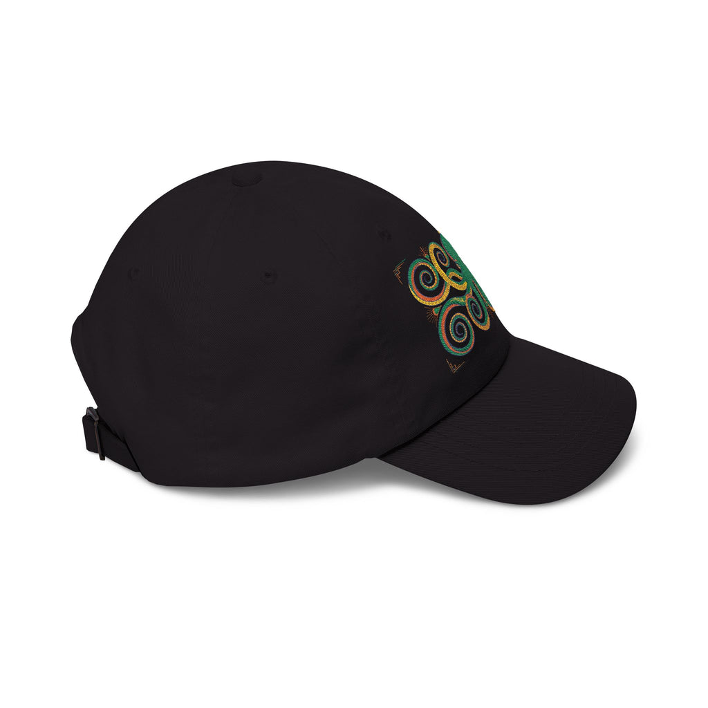 Black baseball cap, side view, with green-and-gold swirl embroidery detail