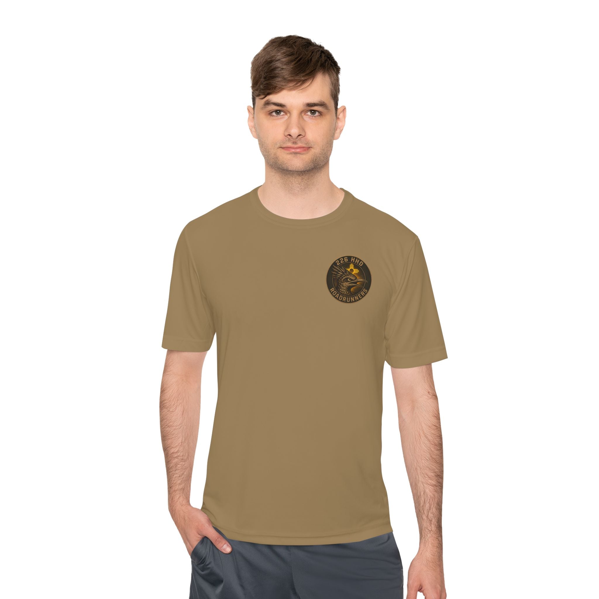 Coyote brown polyester T-shirt with round chest emblem, worn by male model