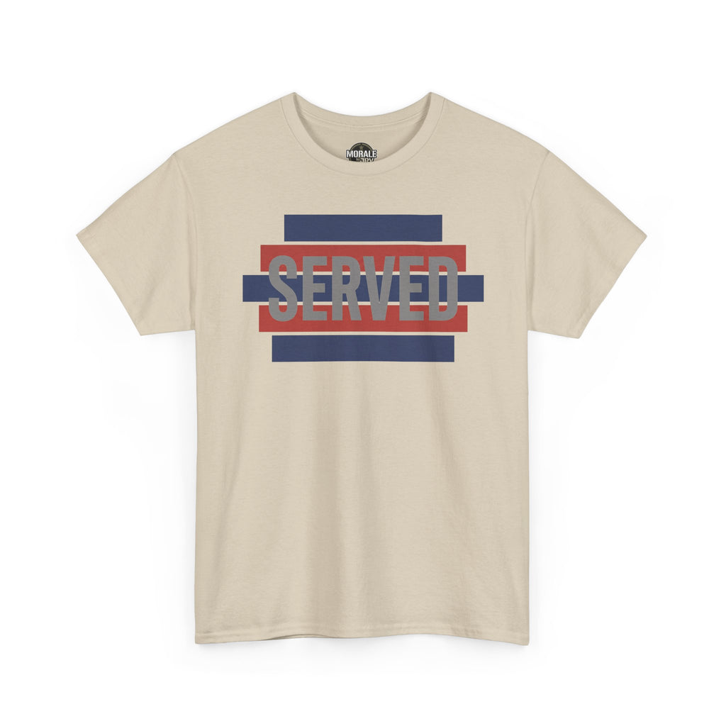 Sand T-shirt with striped SERVED graphic in red and blue on front, crew neck