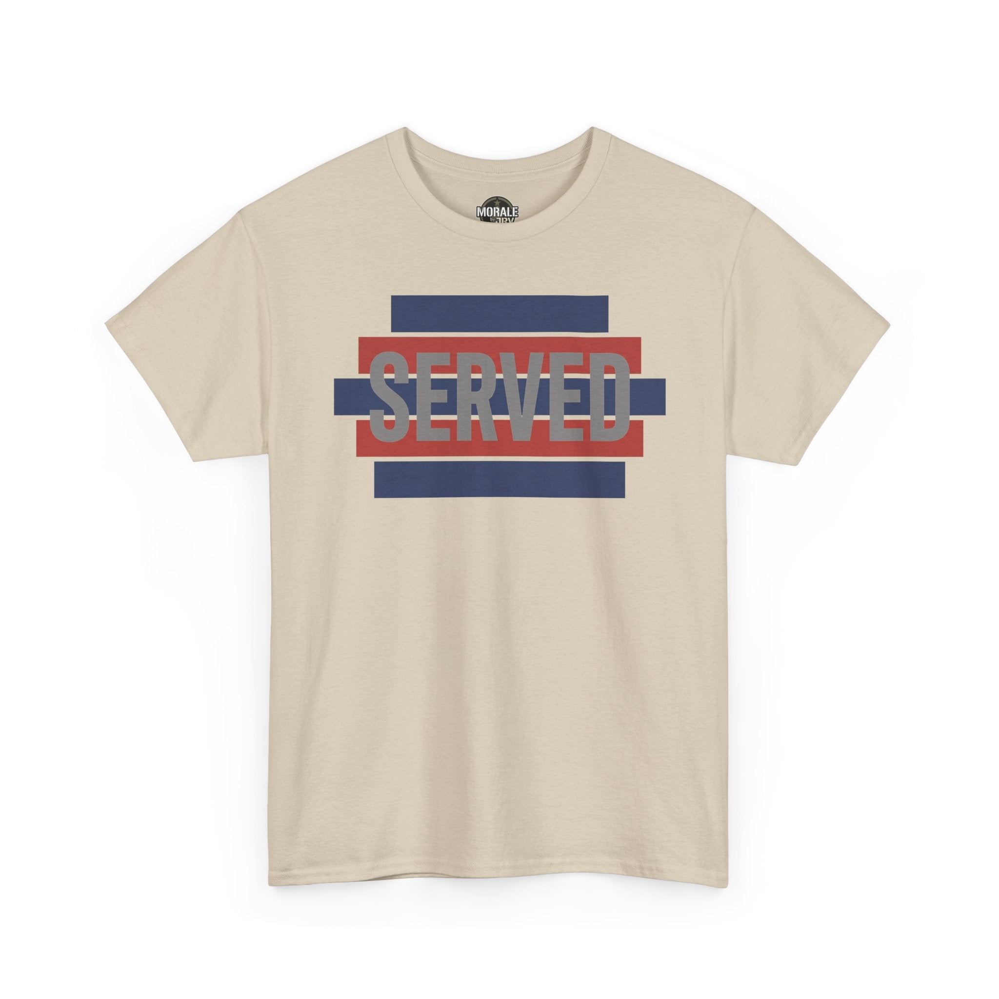Sand T-shirt with striped SERVED graphic in red and blue on front, crew neck
